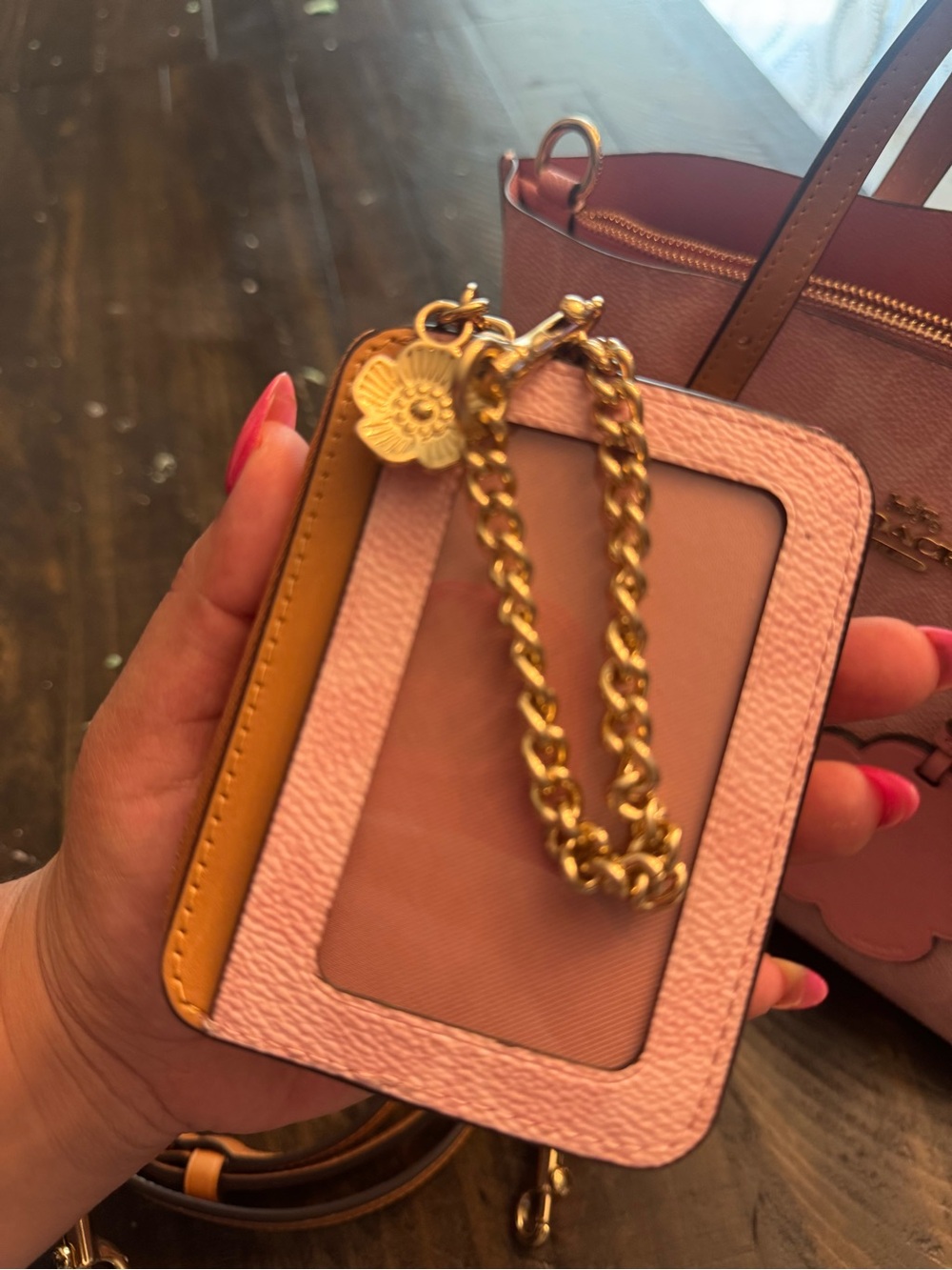 Coach Pink Logo Tote with Brown Leather Trim and Card Case - Picture 3 of 8
